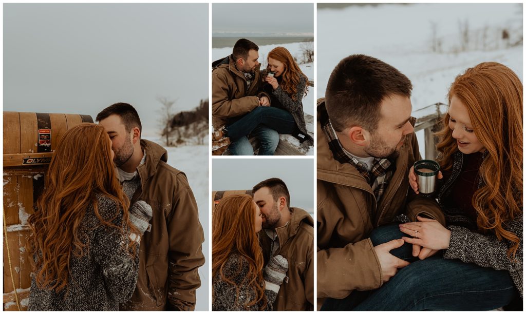 Ciara and Bryce kissing, overlooking Lake Michigan. Drinking Hot Chocolate